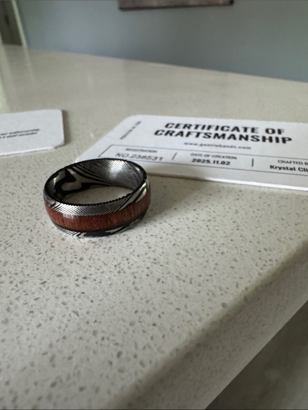 Men's Silver and Brown Damascus Steel Ring with Wood Inlay